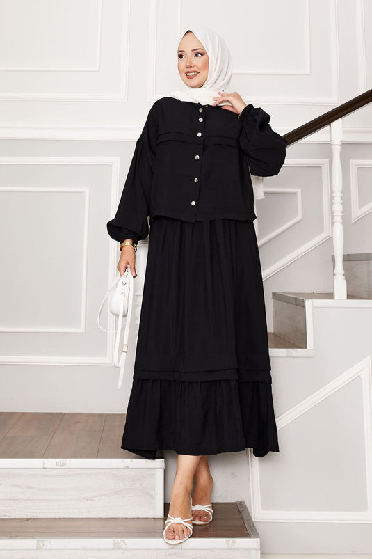 Ensemble jupe à manches ballon et détails côtelés noir