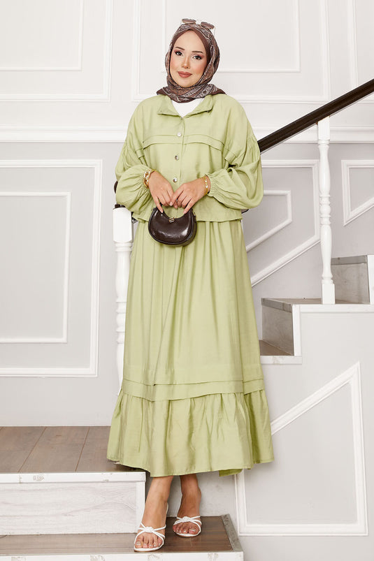 Ensemble jupe à manches ballon et détails côtelés vert pétrole