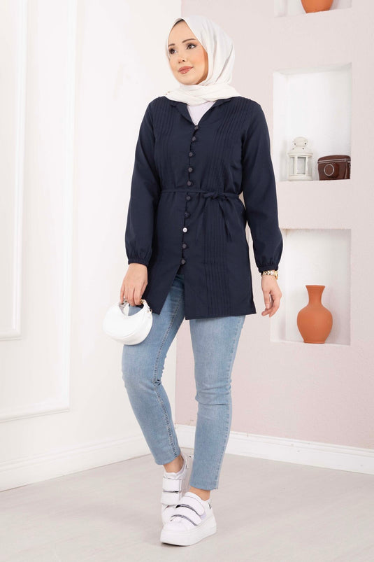 Shirt with Ribbed Detail and Drawstring Navy Blue