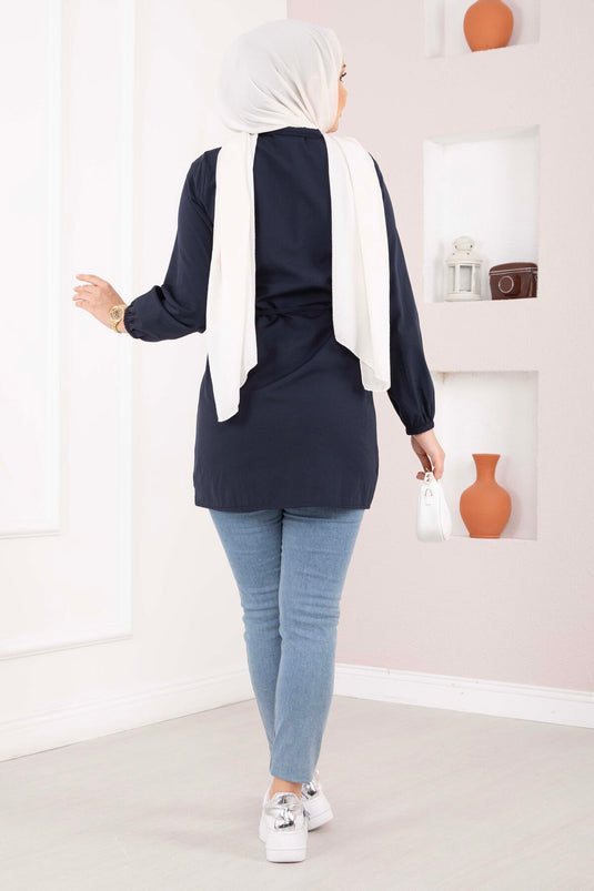 Shirt with Ribbed Detail and Drawstring Navy Blue