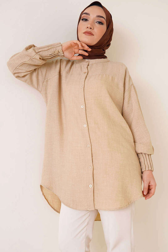 Nervured Detailed Oversized Shirt Beige