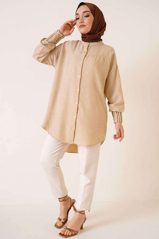 Nervured Detailed Oversized Shirt Beige