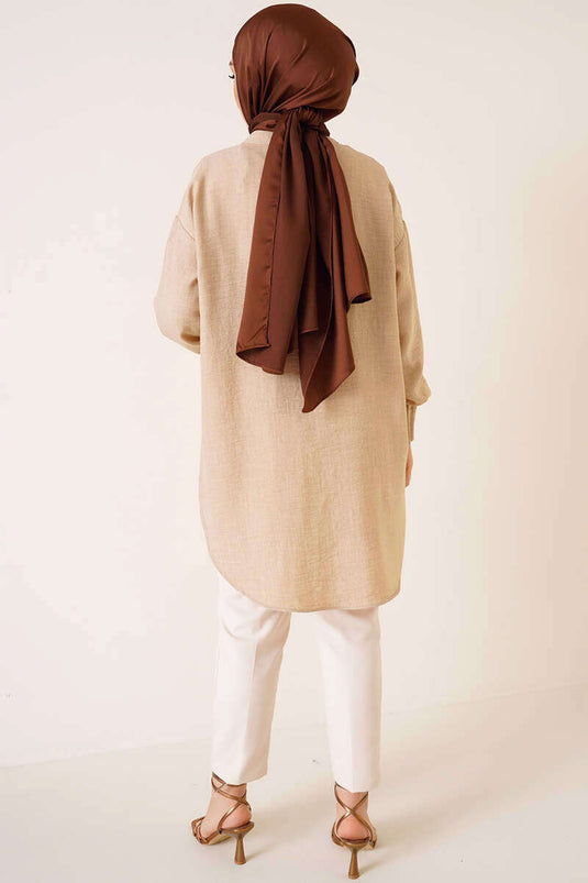 Nervured Detailed Oversized Shirt Beige