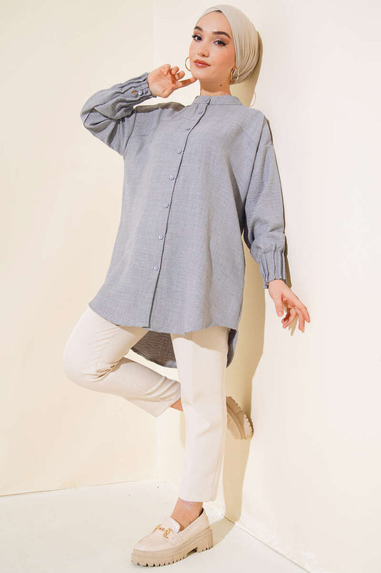 Nervured Detailed Oversized Shirt Gray