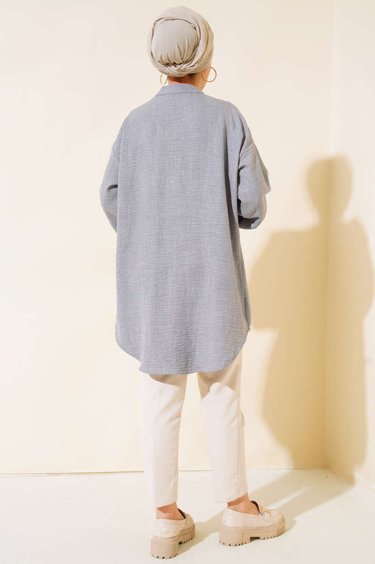 Nervured Detailed Oversized Shirt Gray