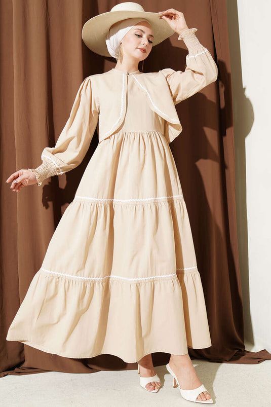 Ribbed Stitch Detail Dress Set Beige