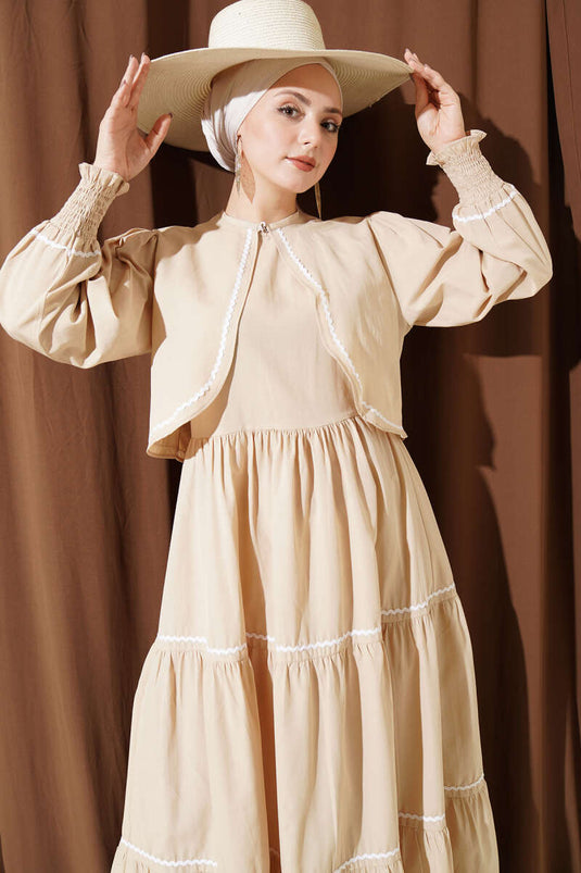 Ribbed Stitch Detail Dress Set Beige