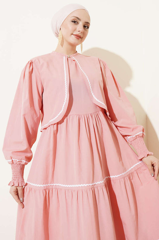 Ribbed Stitch Detail Dress Set in Powder Pink