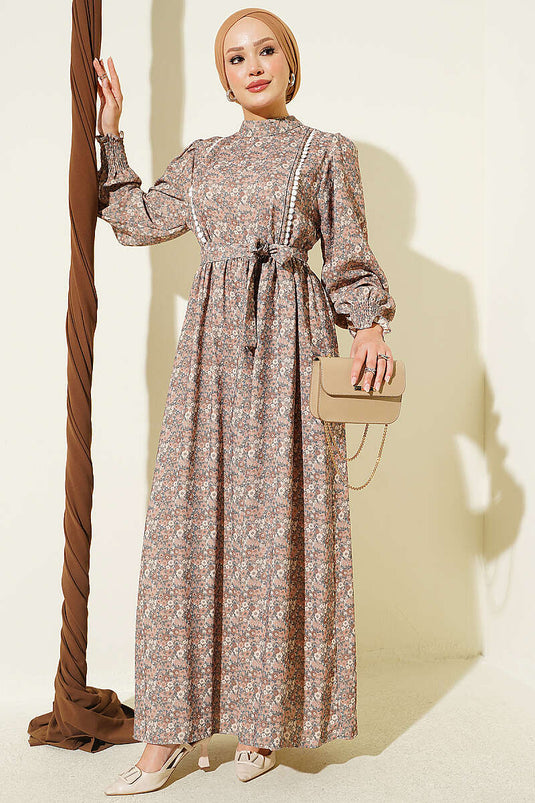 Besticktes Musterkleid In Latte