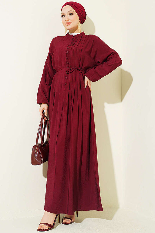 Ribbed Half-Brit Buttoned Dress Burgundy