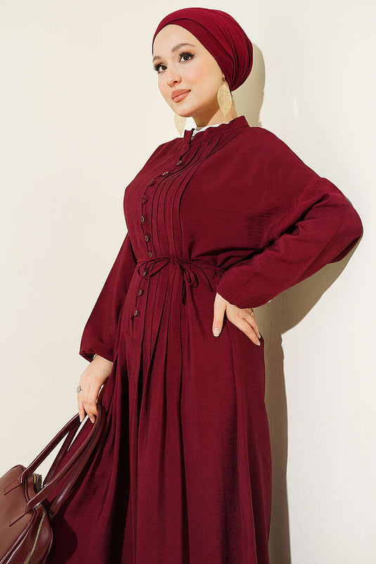 Ribbed Half-Brit Buttoned Dress Burgundy