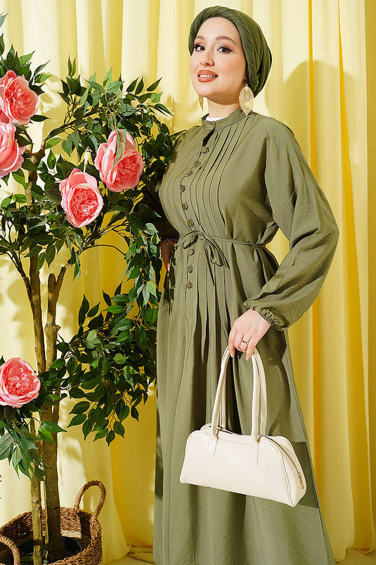 Geripptes Halb-Brit-Knopfkleid in Khaki