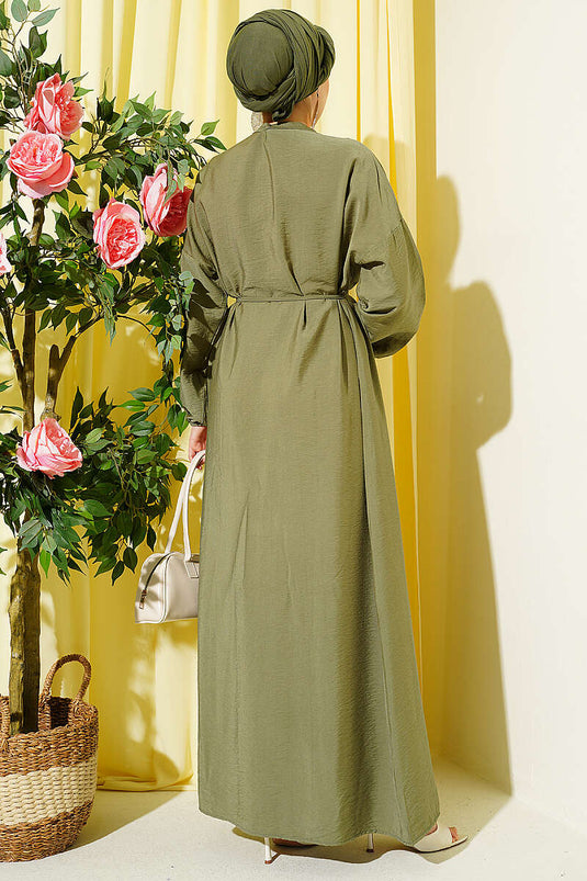 Geripptes Halb-Brit-Knopfkleid in Khaki