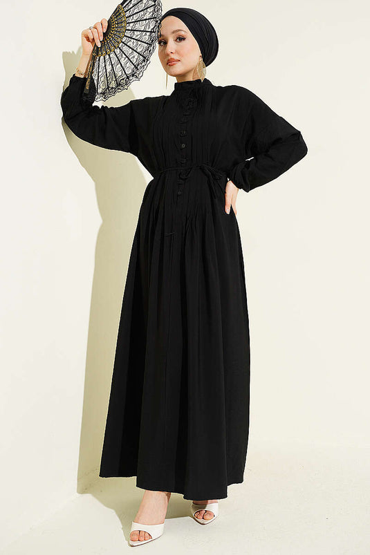 Geripptes Halb-Brit-Knopfkleid Schwarz