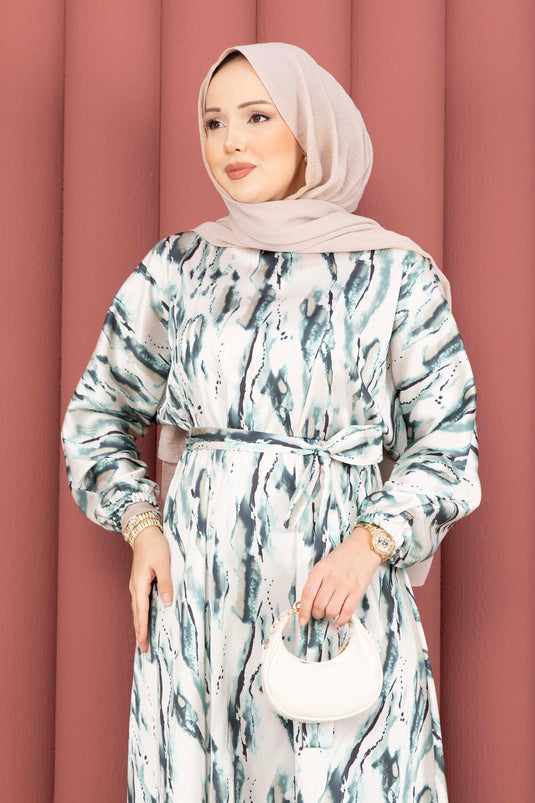 Neva White Dress with Gathered Waistband Emerald