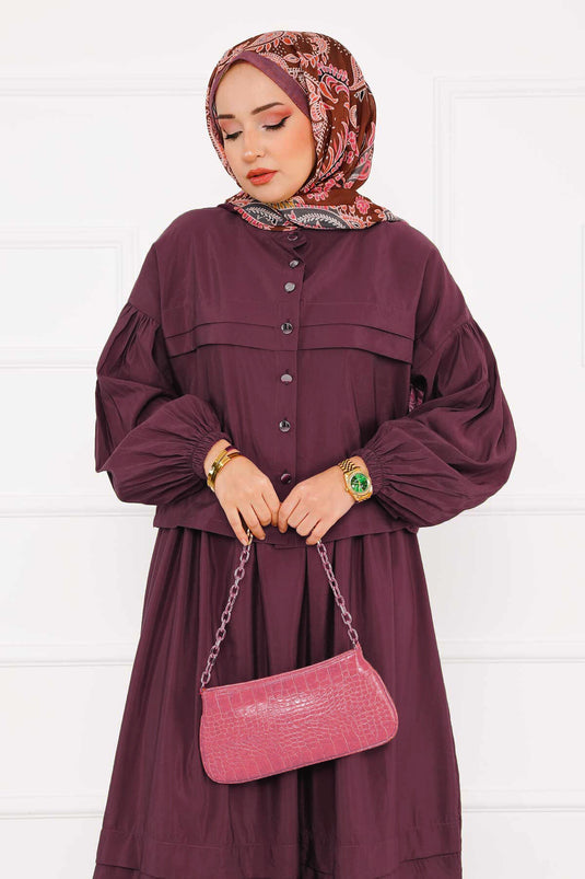 Hijab-pak met geplooide gedetailleerde rok, bordeauxrood