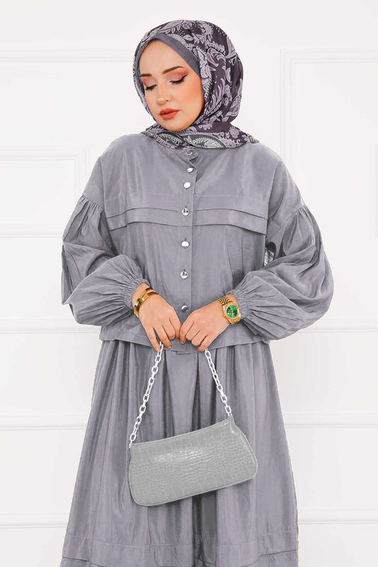 Hijab-pak met geplooide gedetailleerde rok, grijs