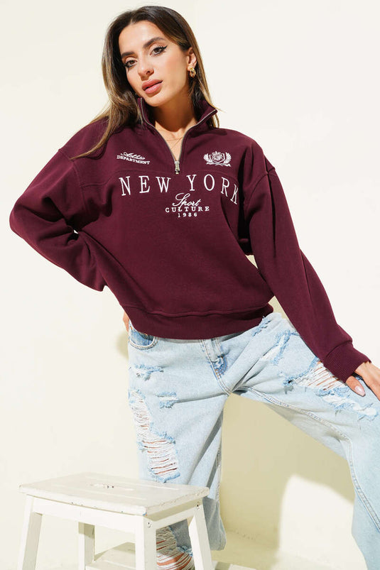 New York Zip-Up Three-Thread Sweatshirt, Plum