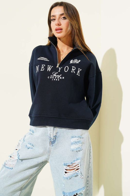 New York Zip-Up Three-Thread Sweatshirt Navy Blue