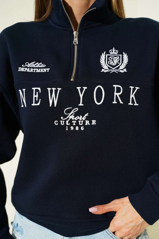 Sweat-shirt zippé New York à trois fils bleu marine