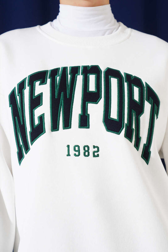 Newport Yazılı Üç İplik Sweatshirt Beyaz