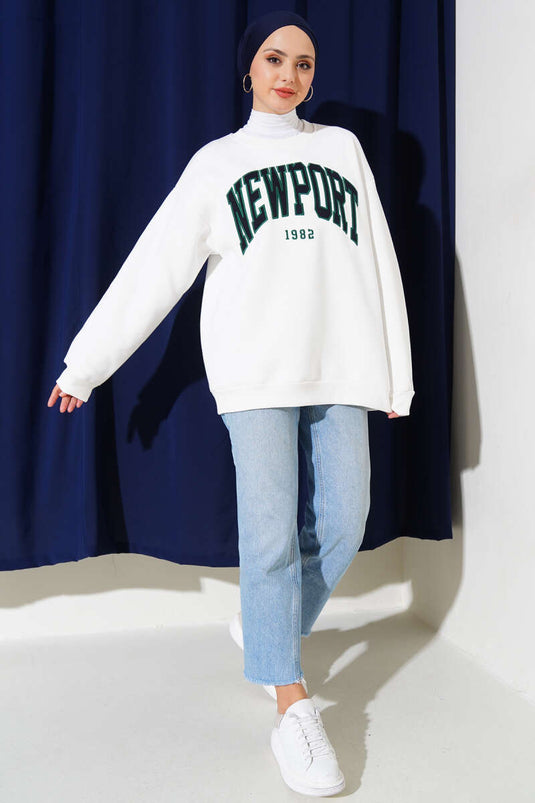 Newport Yazılı Üç İplik Sweatshirt Beyaz