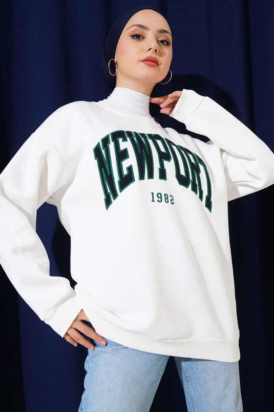 Newport Yazılı Üç İplik Sweatshirt Beyaz