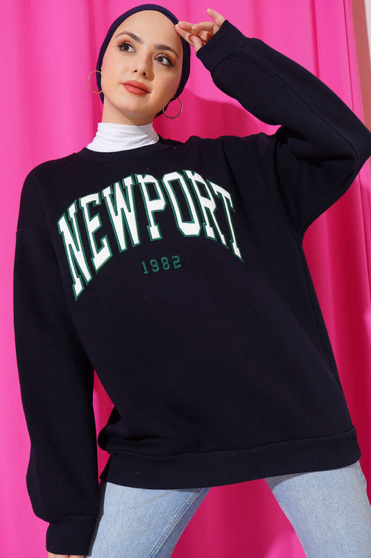 Newport Yazılı Üç İplik Sweatshirt Lacivert