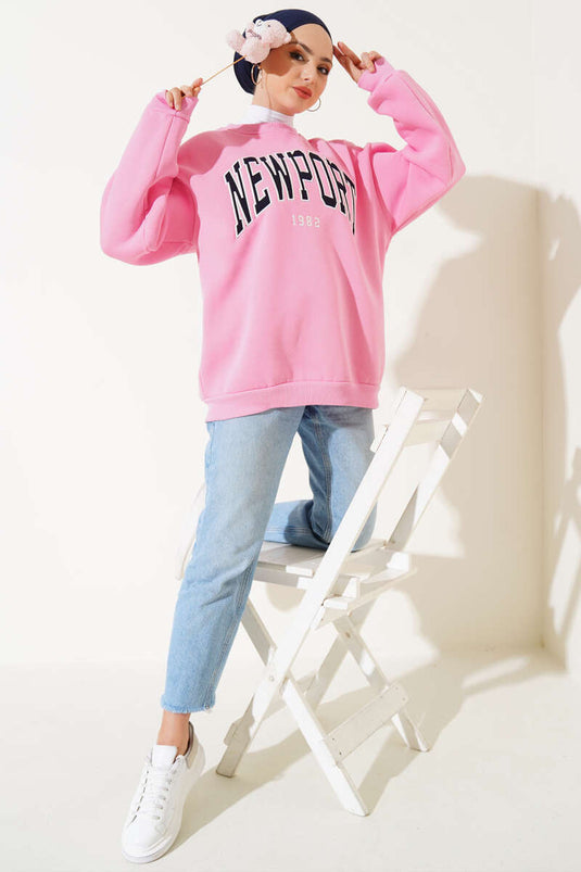 Newport Yazılı Üç İplik Sweatshirt Pembe