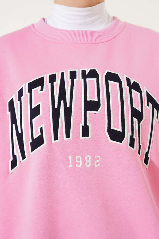 Newport Yazılı Üç İplik Sweatshirt Pembe