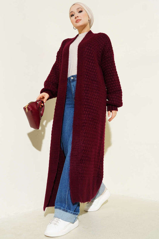 Chickpea Pattern Long Knit Cardigan Burgundy