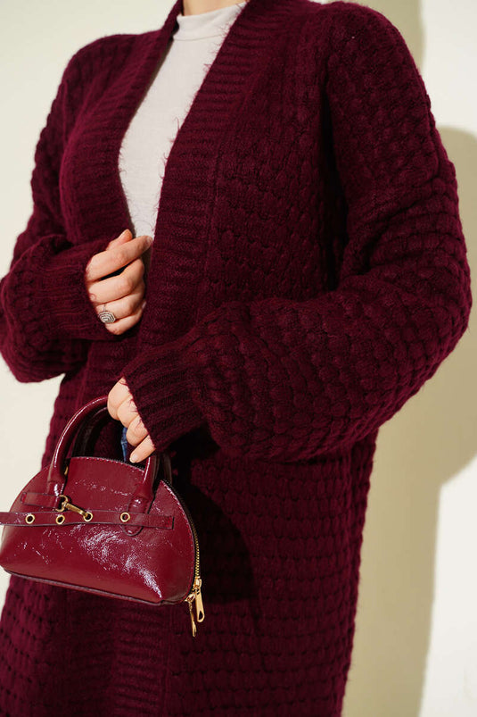 Chickpea Pattern Long Knit Cardigan Burgundy