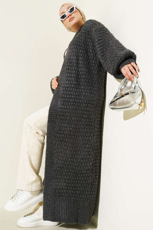 Chickpea Pattern Long Knitted Cardigan Smoked