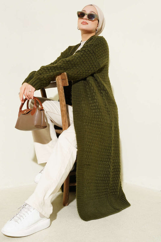 Chickpea Pattern Long Knitted Cardigan Khaki