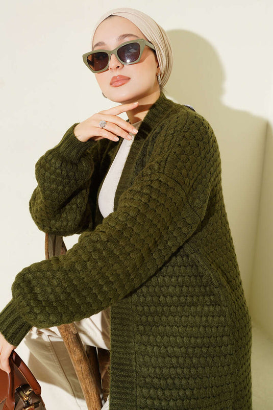 Chickpea Pattern Long Knitted Cardigan Khaki