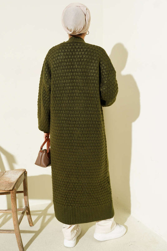 Chickpea Pattern Long Knitted Cardigan Khaki