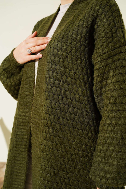 Chickpea Pattern Long Knitted Cardigan Khaki