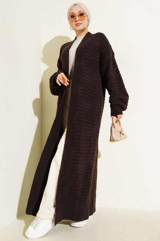 Chickpea Pattern Long Knitted Cardigan Brown