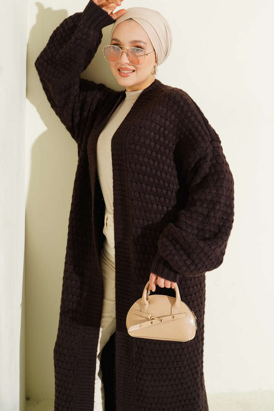 Chickpea Pattern Long Knitted Cardigan Brown