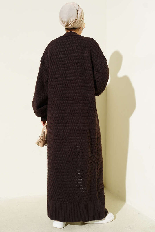 Chickpea Pattern Long Knitted Cardigan Brown