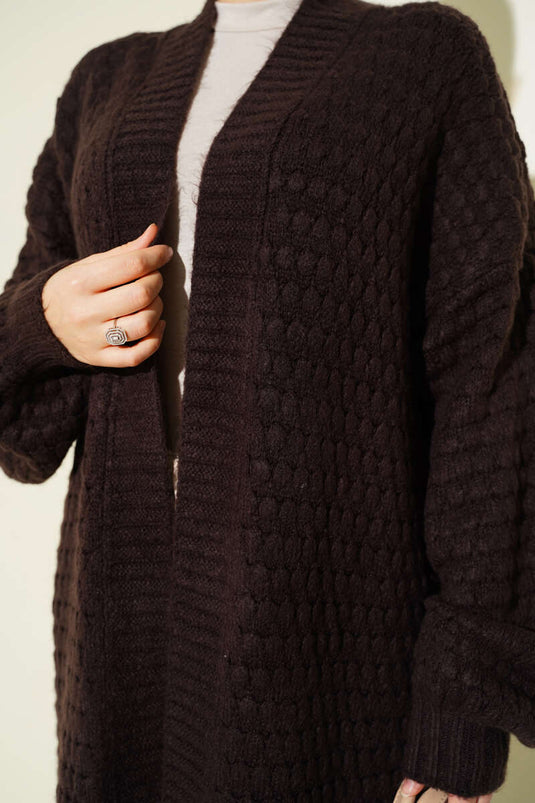 Chickpea Pattern Long Knitted Cardigan Brown