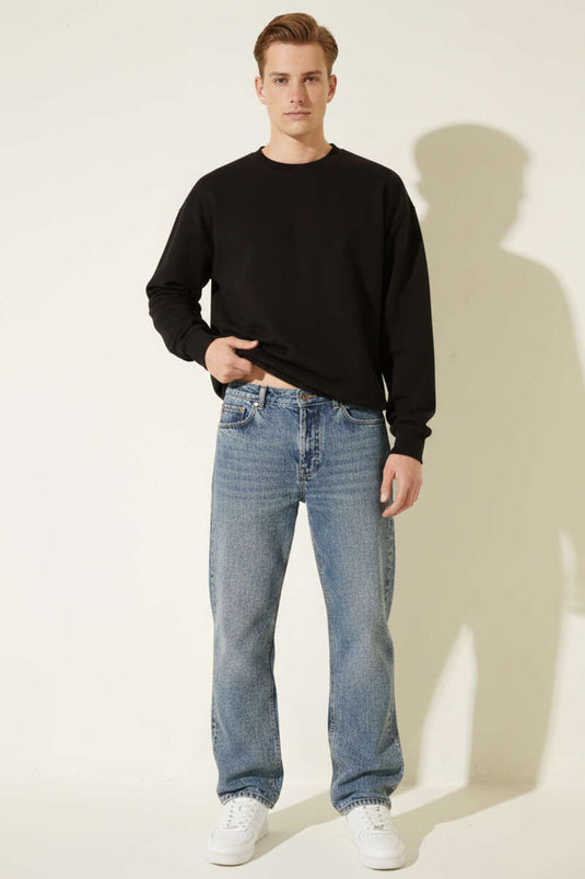 Normal Bel Bol Paça Erkek Kot Pantolon Orta Mavi