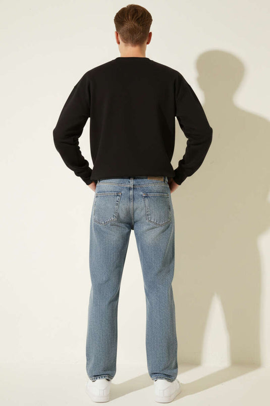 Normal Bel Bol Paça Erkek Kot Pantolon Orta Mavi