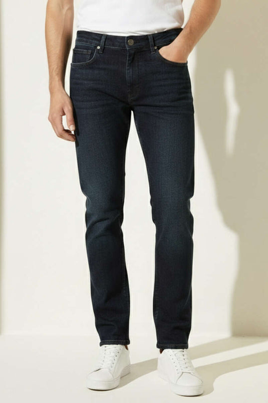 Regular Waist Men's Denim Trousers Navy Blue