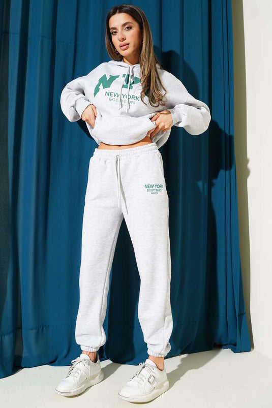 Ensemble deux pièces en sweat-shirt imprimé NYC à trois fils, gris chiné