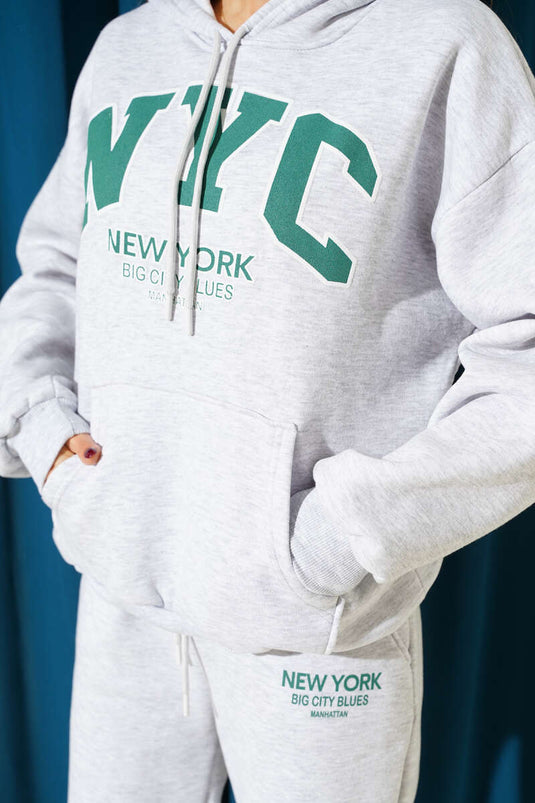 Ensemble deux pièces en sweat-shirt imprimé NYC à trois fils, gris chiné