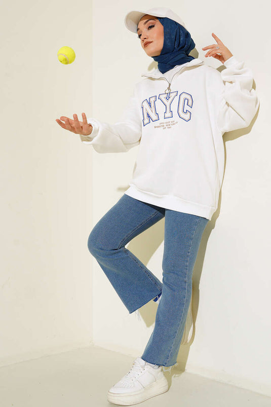 Nyc Basklı Şardonlu Sweatshirt Ekru