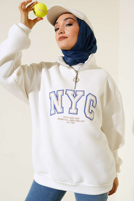 Nyc Basklı Şardonlu Sweatshirt Ekru