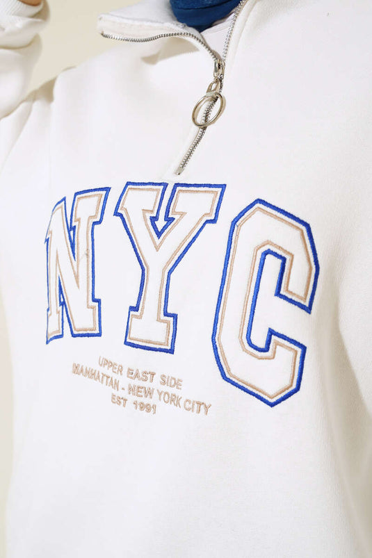 Nyc Basklı Şardonlu Sweatshirt Ekru