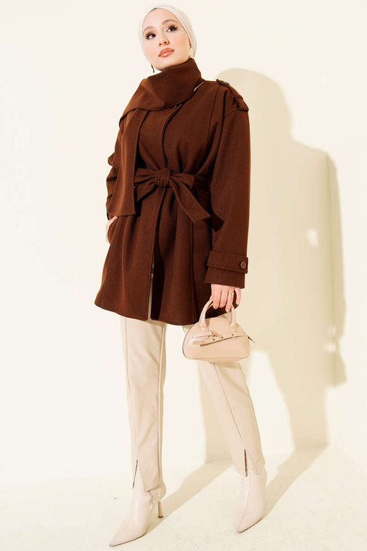 Omuz Apoletli Atkılı Kaşe Kaban Kahve